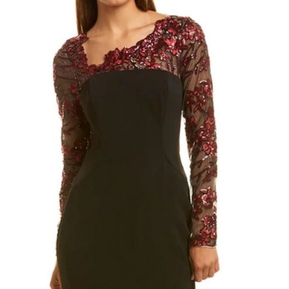 CARMEN MARC VALVO INFUSION Crepe Long Gown Black burgundy 6 - Picture 2 of 11